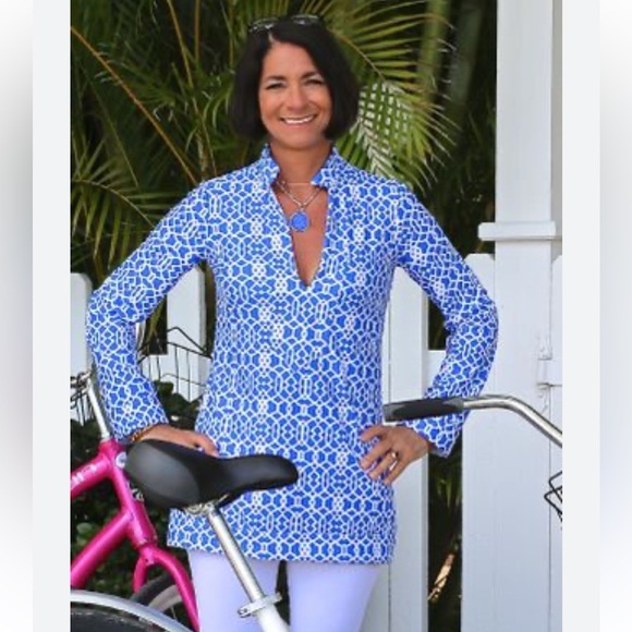 Jude Connally Chris Blue & White Geometric Tunic Top - Small - Picture 1 of 8